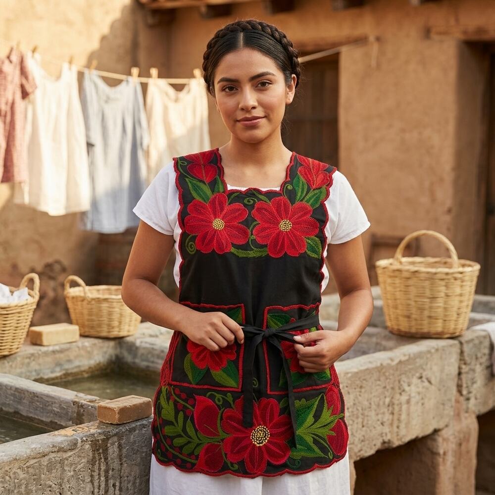 RED Mexican Embroidered Apron Essential Cotton Kitchen Apron Floral one size